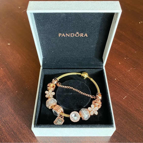 NWOT Gold Pandora Moments 18K Gold Plated Mesh Bracelet w/ Rose Gold Charms - Picture 3 of 13